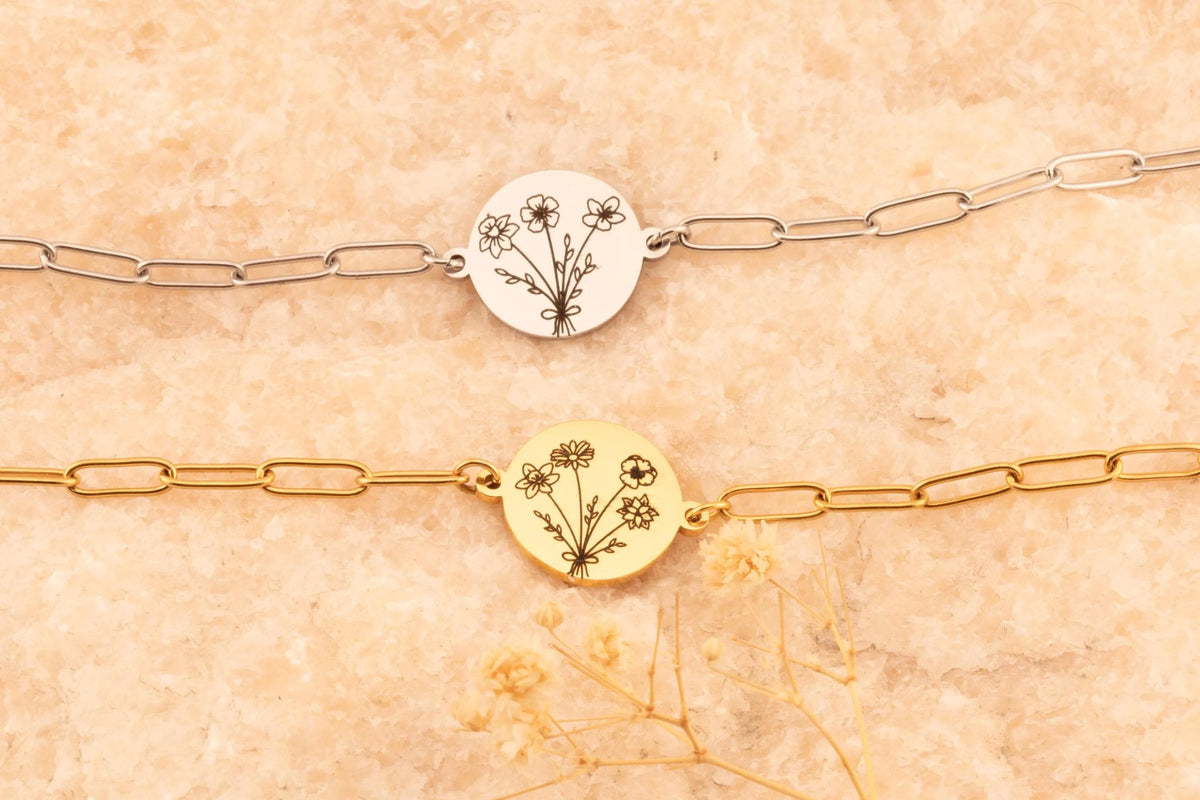 Custom Birth Flower Bouquet Bracelet: Paperclip Chain Floral Jewelry - Torianic Jewelry