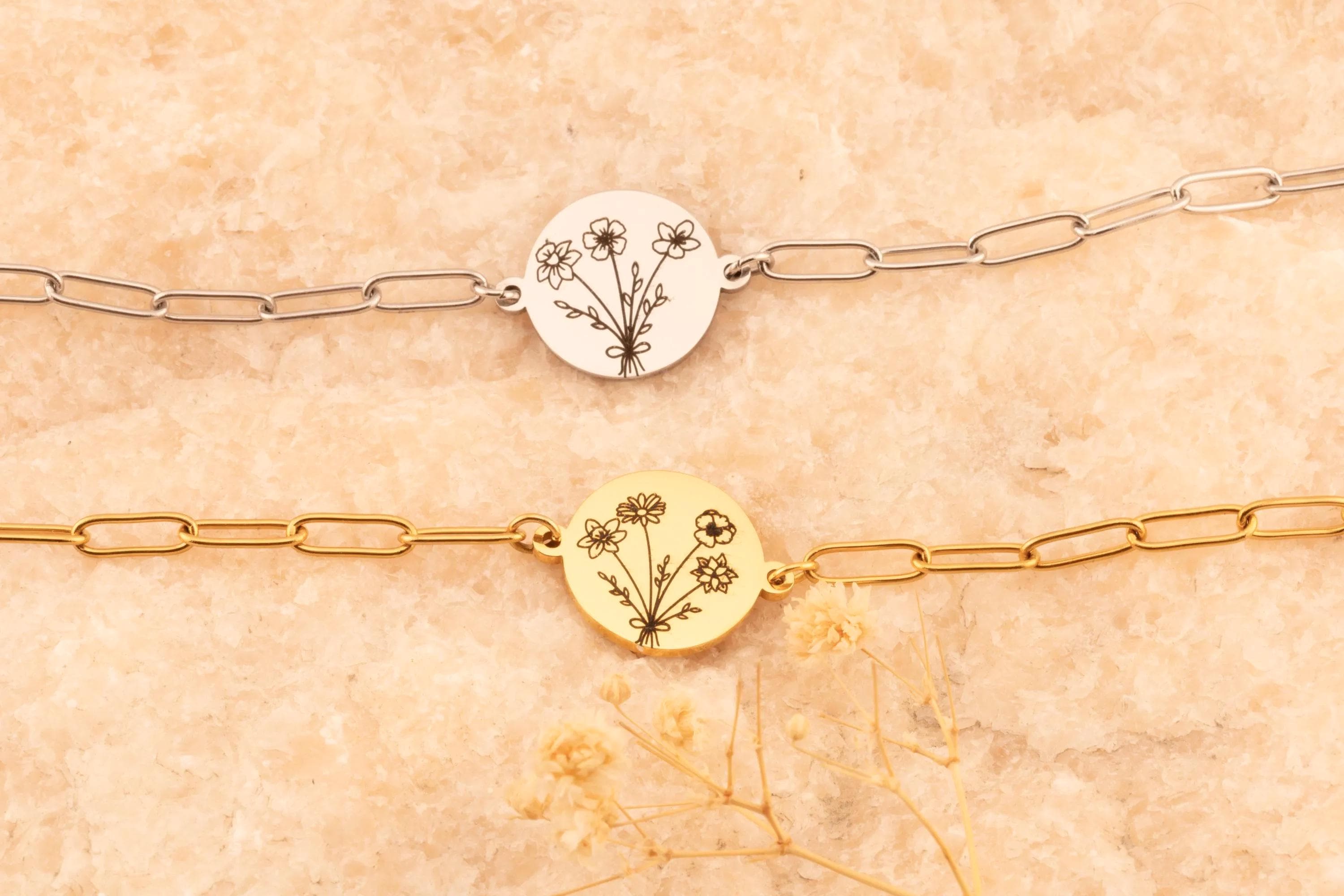 Custom Birth Flower Bouquet Bracelet: Paperclip Chain Floral Jewelry - Torianic Jewelry