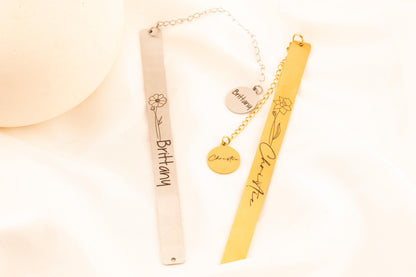 Personalized Birth Flower Name Bookmark, Custom Engraved Floral Metal Page Marker, Elegant Gift for Book - Torianic Jewelry