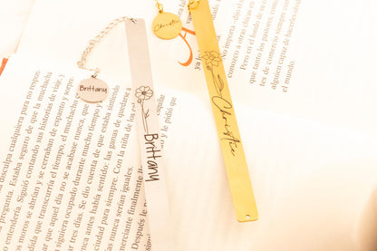 Personalized Birth Flower Name Bookmark, Custom Engraved Floral Metal Page Marker, Elegant Gift for Book - Torianic Jewelry