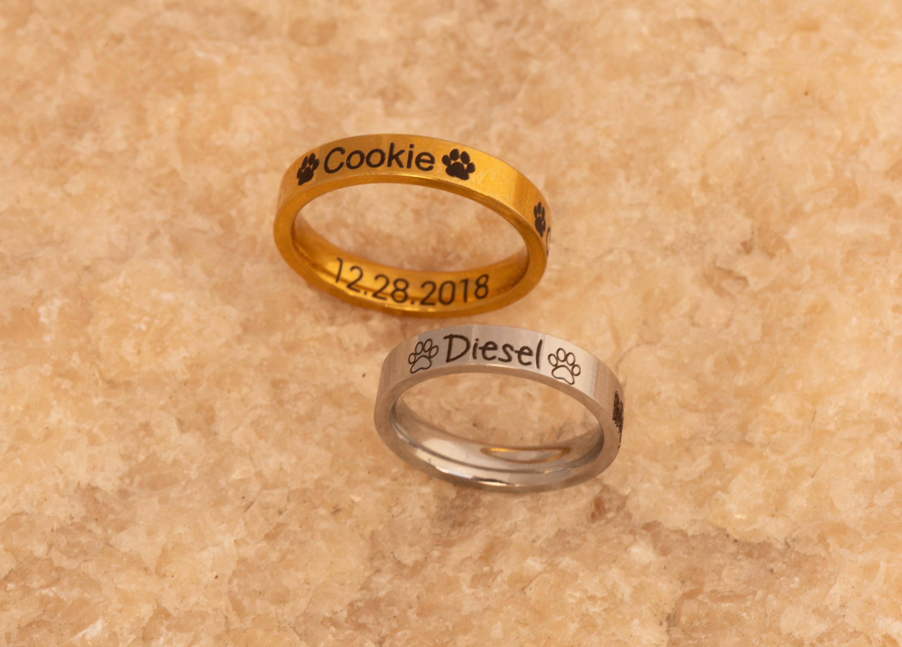 Personalized Paw Print Ring: Engraved Pet Name, Stainless Steel Memorial Jewelry
