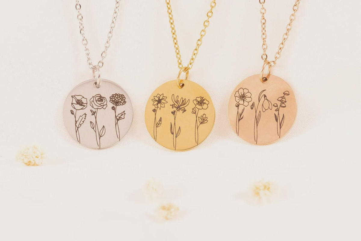Combined Birth Flower Bouquet Necklace, Multiple Birth Flower Necklace, Personalized Family Necklace for Mom, - Torianic Jewelry