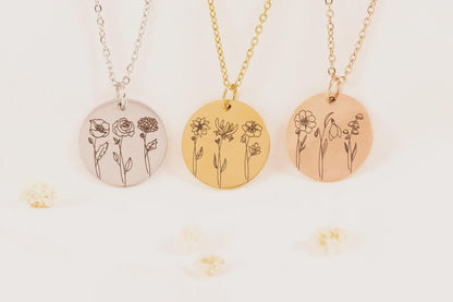 Combined Birth Flower Bouquet Necklace, Multiple Birth Flower Necklace, Personalized Family Necklace for Mom, - Torianic Jewelry