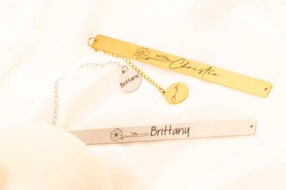 Personalized Birth Flower Name Bookmark, Custom Engraved Floral Metal Page Marker, Elegant Gift for Book - Torianic Jewelry