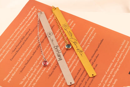 Personalized Birth Flower Bookmark with Birthstone, Engraved Metal Page Marker, Custom Floral Bookmark Gift - Torianic Jewelry