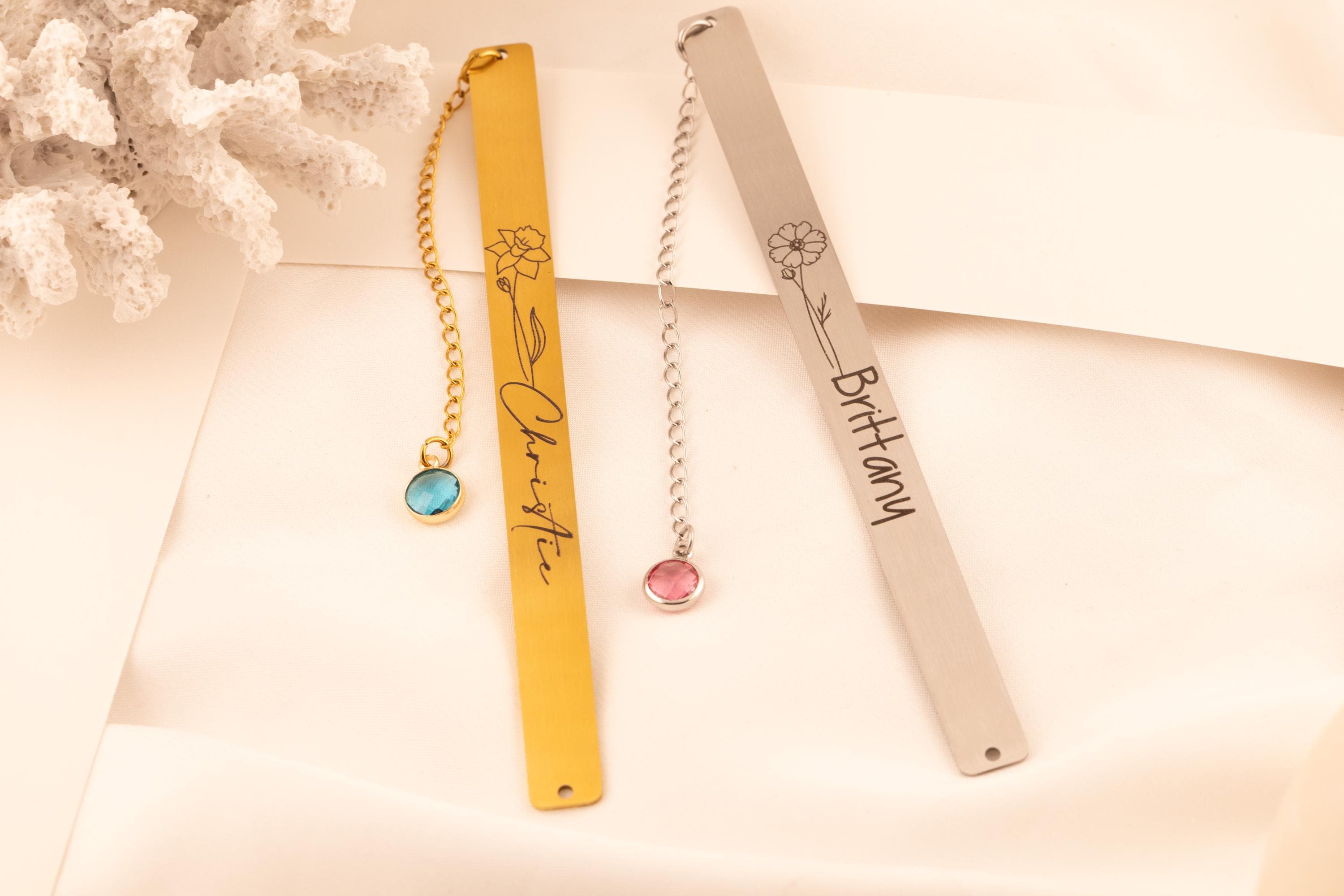 Personalized Birth Flower Bookmark: Engraved Metal Page Marker with Birthstone