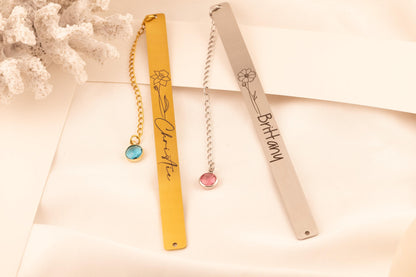 Personalized Birth Flower Bookmark with Birthstone, Engraved Metal Page Marker, Custom Floral Bookmark Gift - Torianic Jewelry