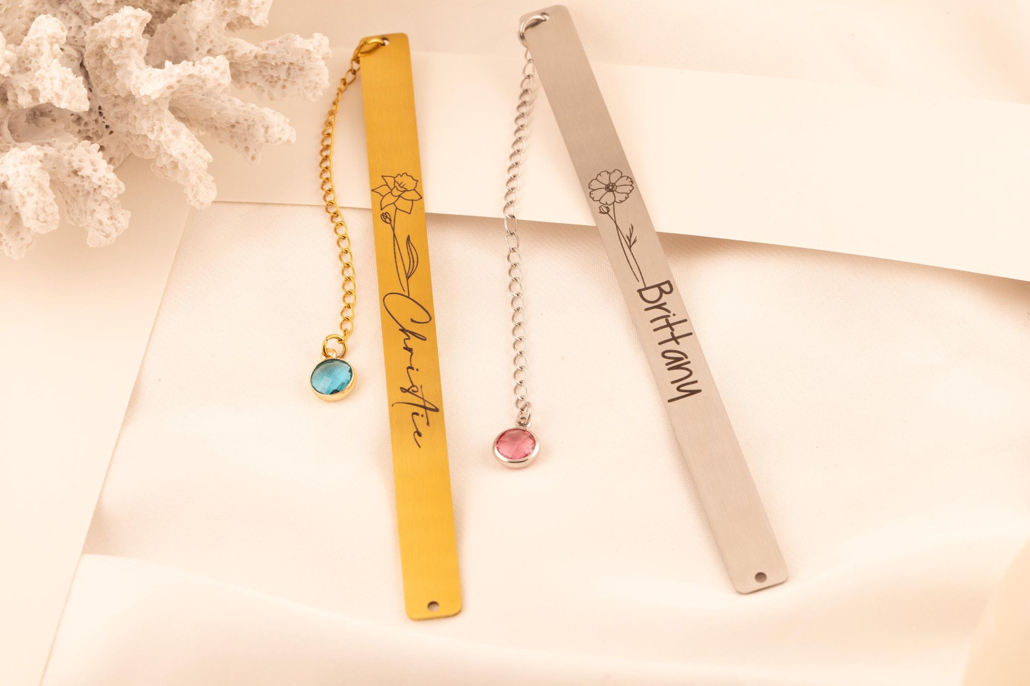 Personalized Birth Flower Bookmark: Engraved Metal Page Marker with Birthstone