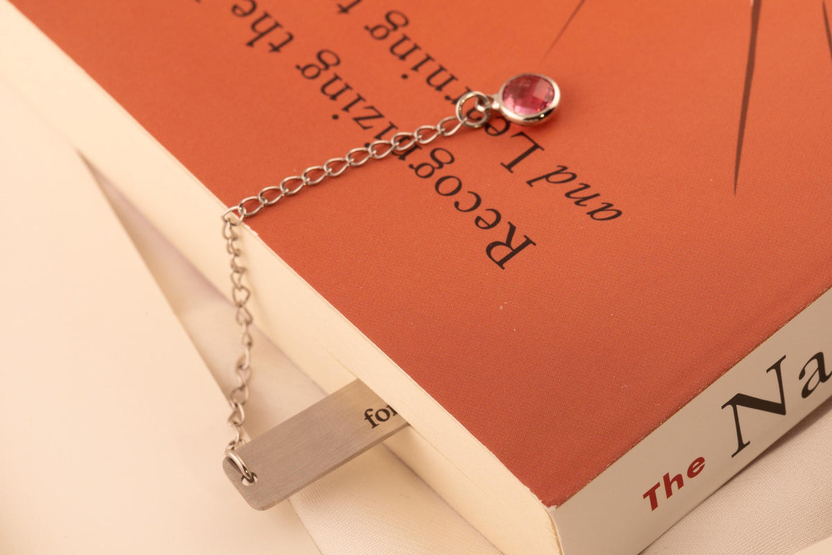 Personalized Birth Flower Bookmark with Birthstone, Engraved Metal Page Marker, Custom Floral Bookmark Gift - Torianic Jewelry