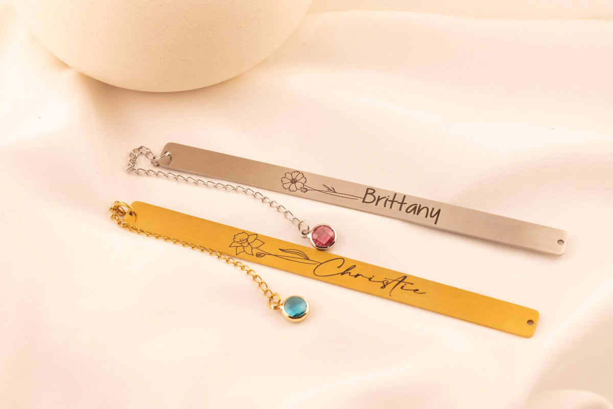 Personalized Birth Flower Bookmark with Birthstone, Engraved Metal Page Marker, Custom Floral Bookmark Gift - Torianic Jewelry
