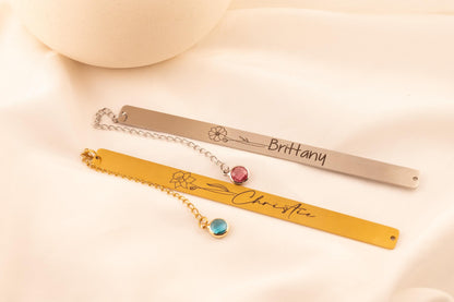 Personalized Birth Flower Bookmark with Birthstone, Engraved Metal Page Marker, Custom Floral Bookmark Gift - Torianic Jewelry