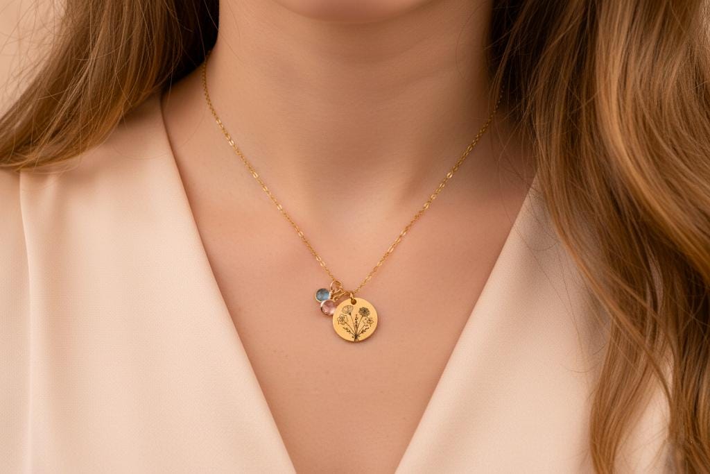 Personalized Birth Flower Necklace: Engraved Disc, Birthstone Jewelry, sapphire birthstone