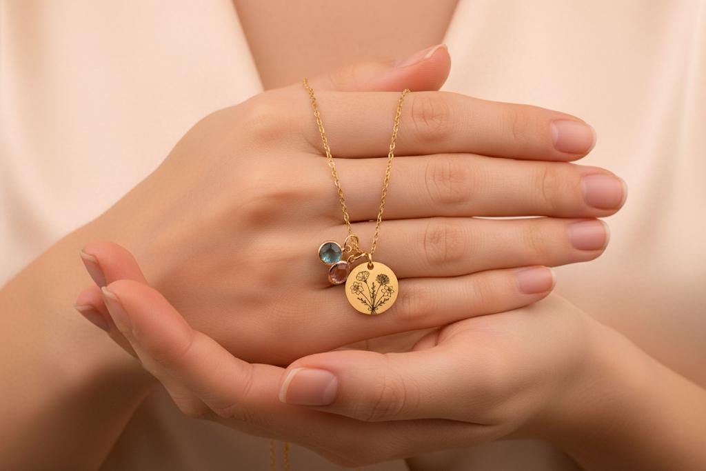 Personalized Birth Flower Necklace: Engraved Disc, Birthstone Jewelry, sapphire birthstone