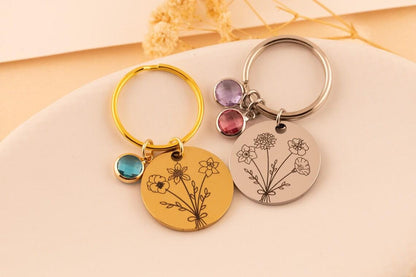Birthstone Keychain for Mom, Personalized Birth Flower Keychain, Custom Engraved Keyring, Gift for Grandma, - Torianic Jewelry