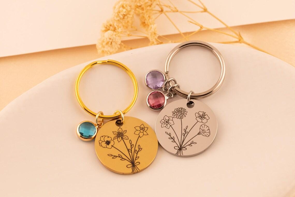 Birthstone Keychain for Mom, Personalized Birth Flower Keychain, Custom Engraved Keyring, Gift for Grandma, - Torianic Jewelry