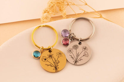 Birthstone Keychain for Mom, Personalized Birth Flower Keychain, Custom Engraved Keyring, Gift for Grandma, - Torianic Jewelry