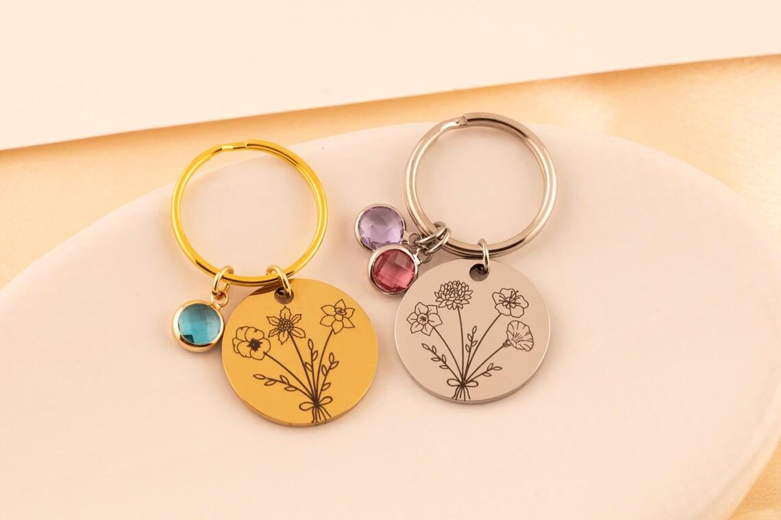 Birthstone Keychain for Mom, Personalized Birth Flower Keychain, Custom Engraved Keyring, Gift for Grandma, - Torianic Jewelry
