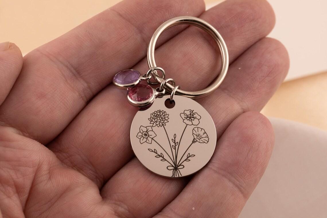 Birthstone Keychain for Mom, Personalized Birth Flower Keychain, Custom Engraved Keyring, Gift for Grandma, - Torianic Jewelry