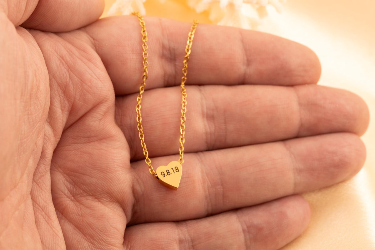 Dainty Personalized Engraved Heart Necklace, Custom Date Pendant, Memory Jewelry Gift with date - Torianic Jewelry