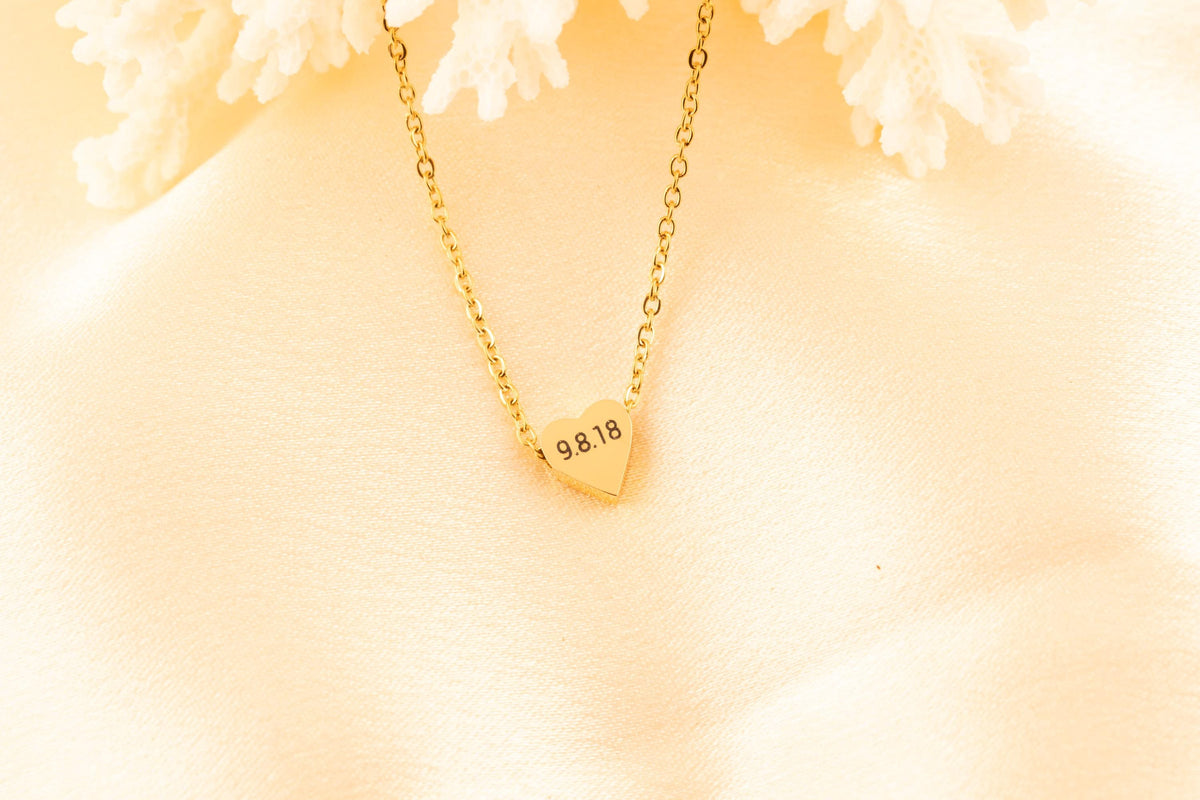 Dainty Personalized Engraved Heart Necklace, Custom Date Pendant, Memory Jewelry Gift with date - Torianic Jewelry
