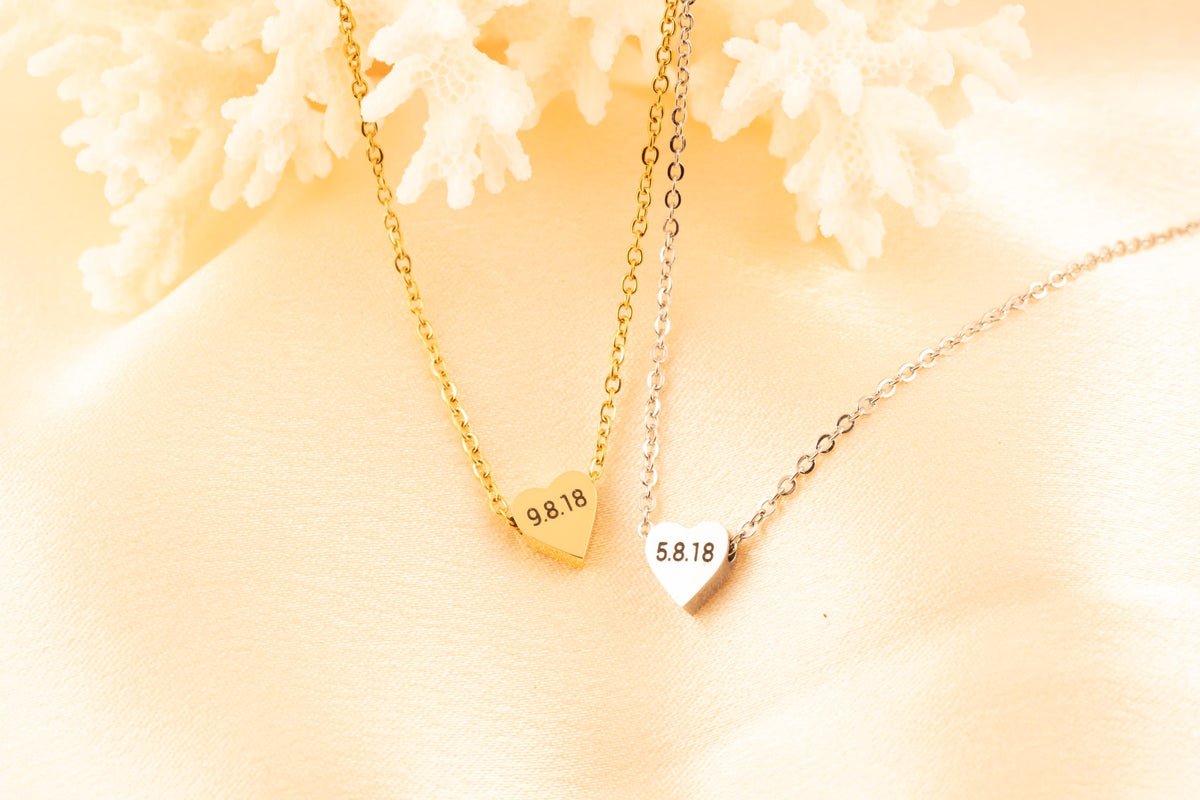 Dainty Personalized Engraved Heart Necklace, Custom Date Pendant, Memory Jewelry Gift with date - Torianic Jewelry