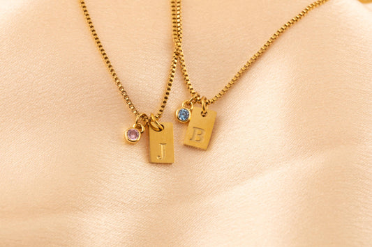Personalized Birthstone Initial Necklace, Stainless Steel Box Chain - Torianic Jewelry