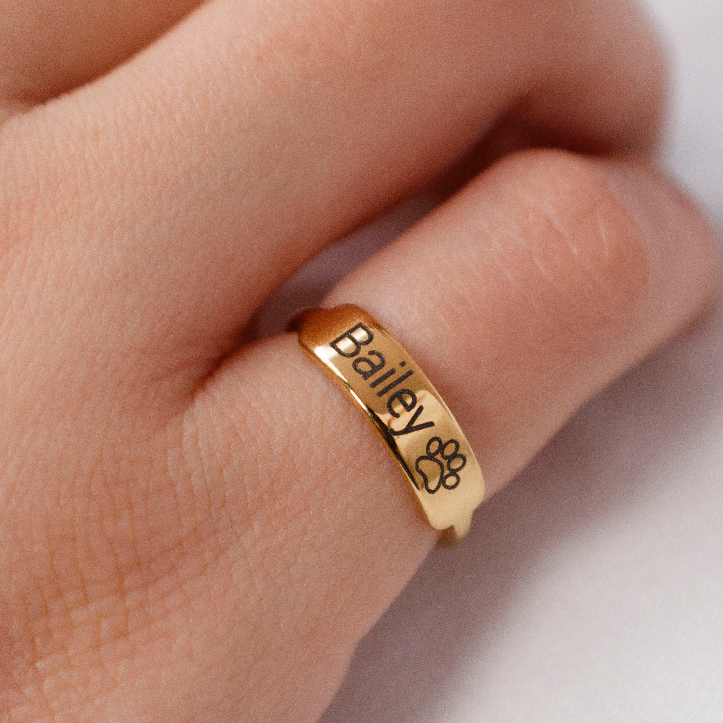 Custom Pet Name Ring: 18K Gold Paw Print Stacking Ring - Torianic Jewelry