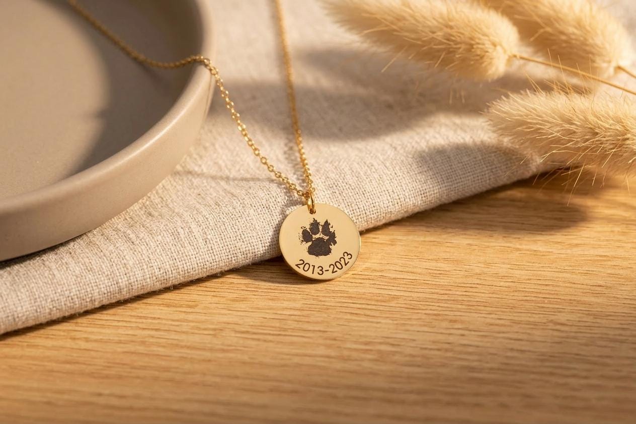 Custom Paw Print Necklace: Engraved Pet Portrait, Stainless Steel - Torianic Jewelry