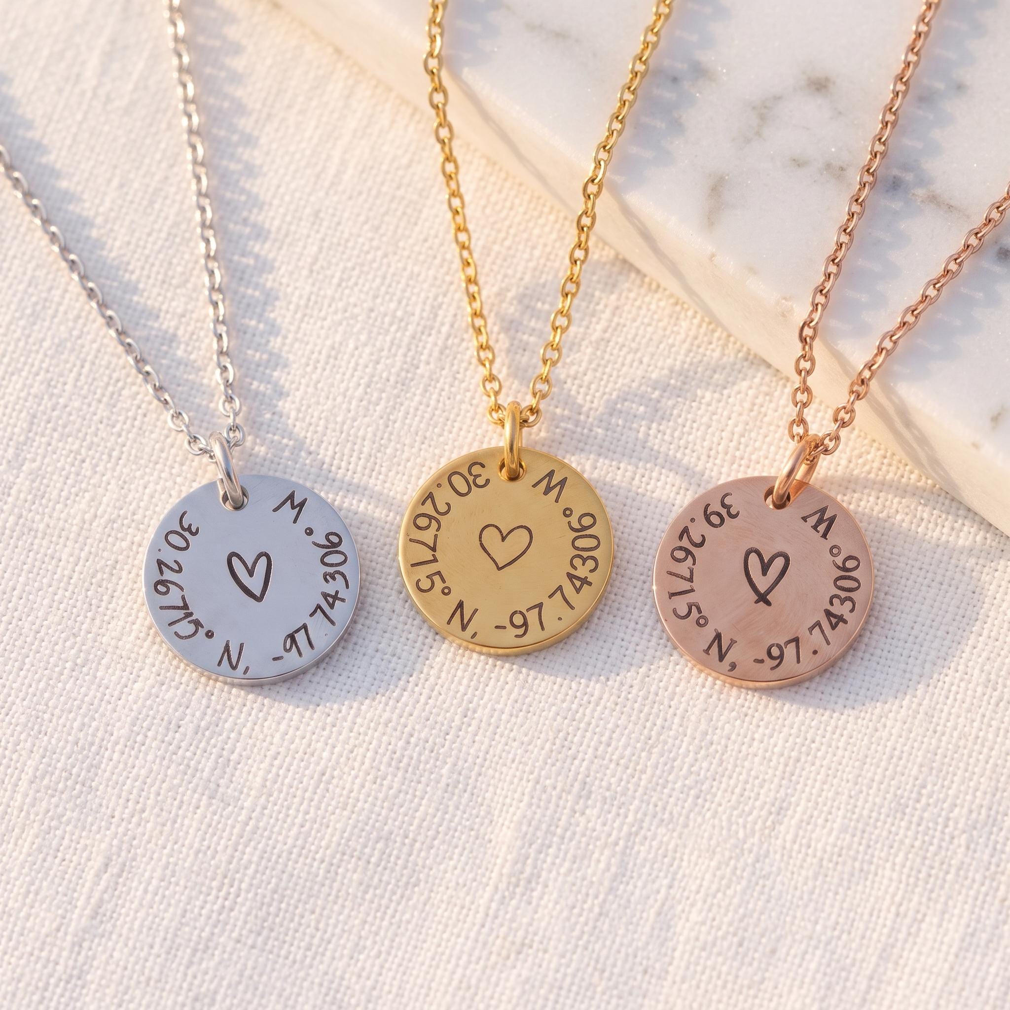 Coordinate Necklace, Personalized GPS Location Necklace, Engraved Disc Pendant, Custom Latitude Longitude - Torianic Jewelry