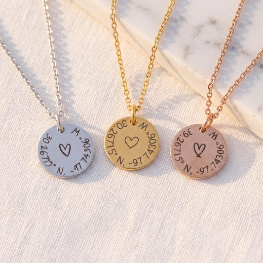 Coordinate Necklace, Personalized GPS Location Necklace, Engraved Disc Pendant, Custom Latitude Longitude - Torianic Jewelry