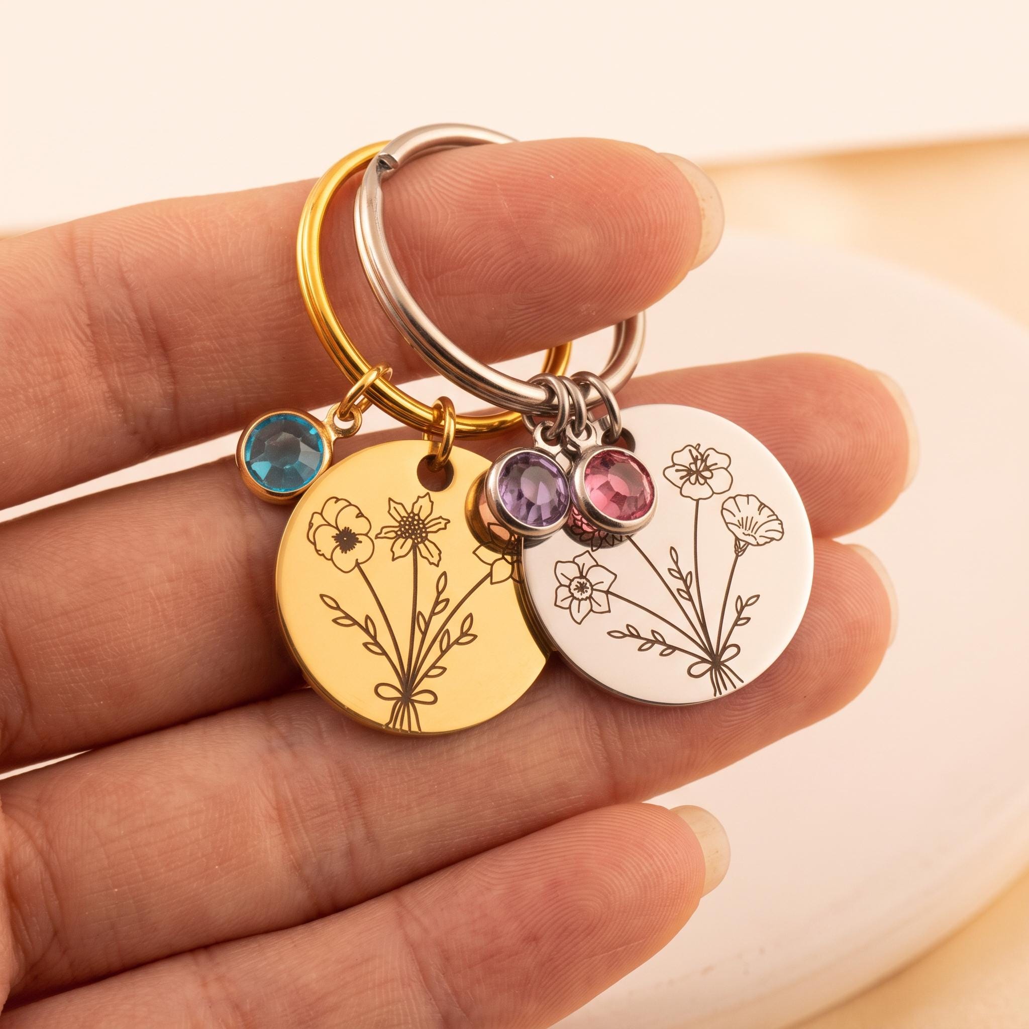 Birthstone Keychain for Mom, Personalized Birth Flower Keychain, Custom Engraved Keyring, Gift for Grandma, - Torianic Jewelry