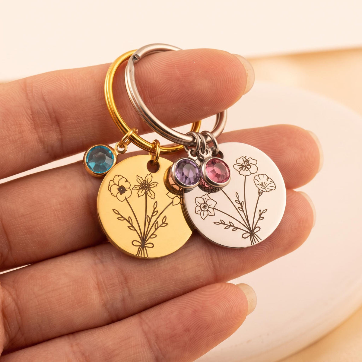 Birthstone Keychain for Mom, Personalized Birth Flower Keychain, Custom Engraved Keyring, Gift for Grandma, - Torianic Jewelry