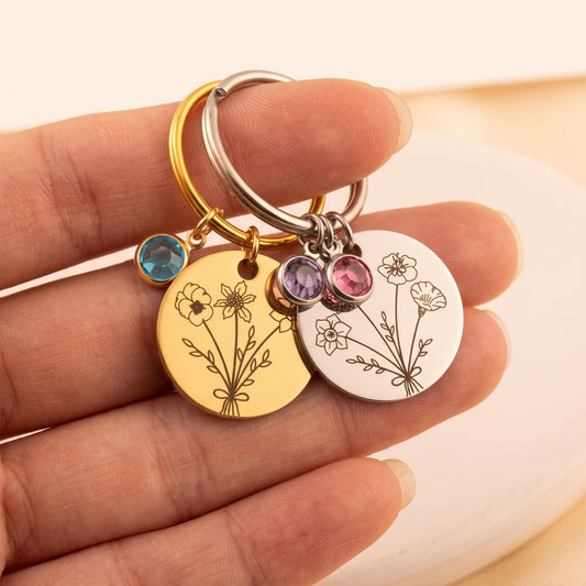 Birthstone Keychain for Mom, Personalized Birth Flower Keychain, Custom Engraved Keyring, Gift for Grandma, - Torianic Jewelry