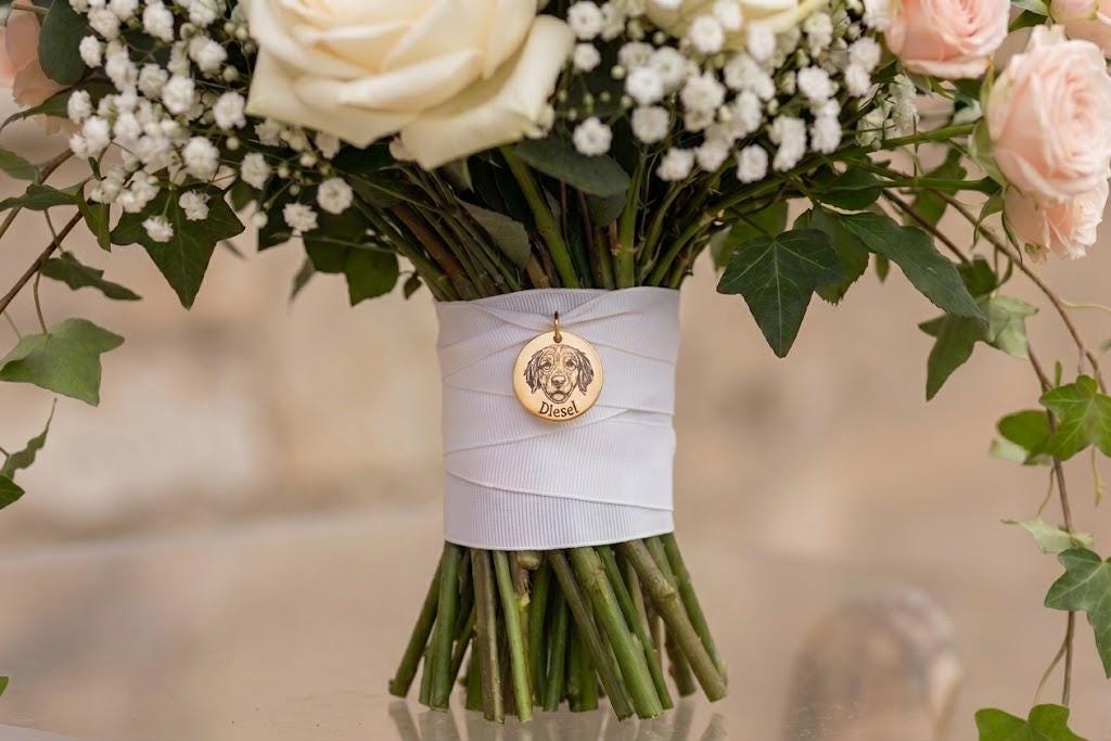 Wedding Bouquet Charm Custom Pet Portrait, Engraved Bridal Keepsake, Dog Cat Memorial Gift for Bride Walking - Torianic Jewelry