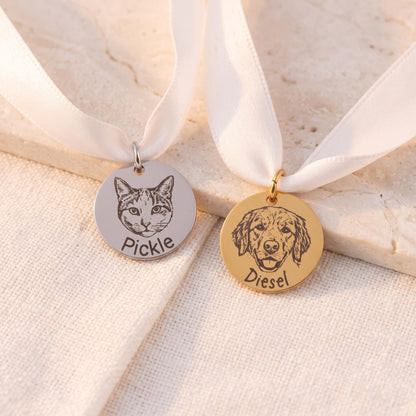 Wedding Bouquet Charm Custom Pet Portrait, Engraved Bridal Keepsake, Dog Cat Memorial Gift for Bride Walking - Torianic Jewelry