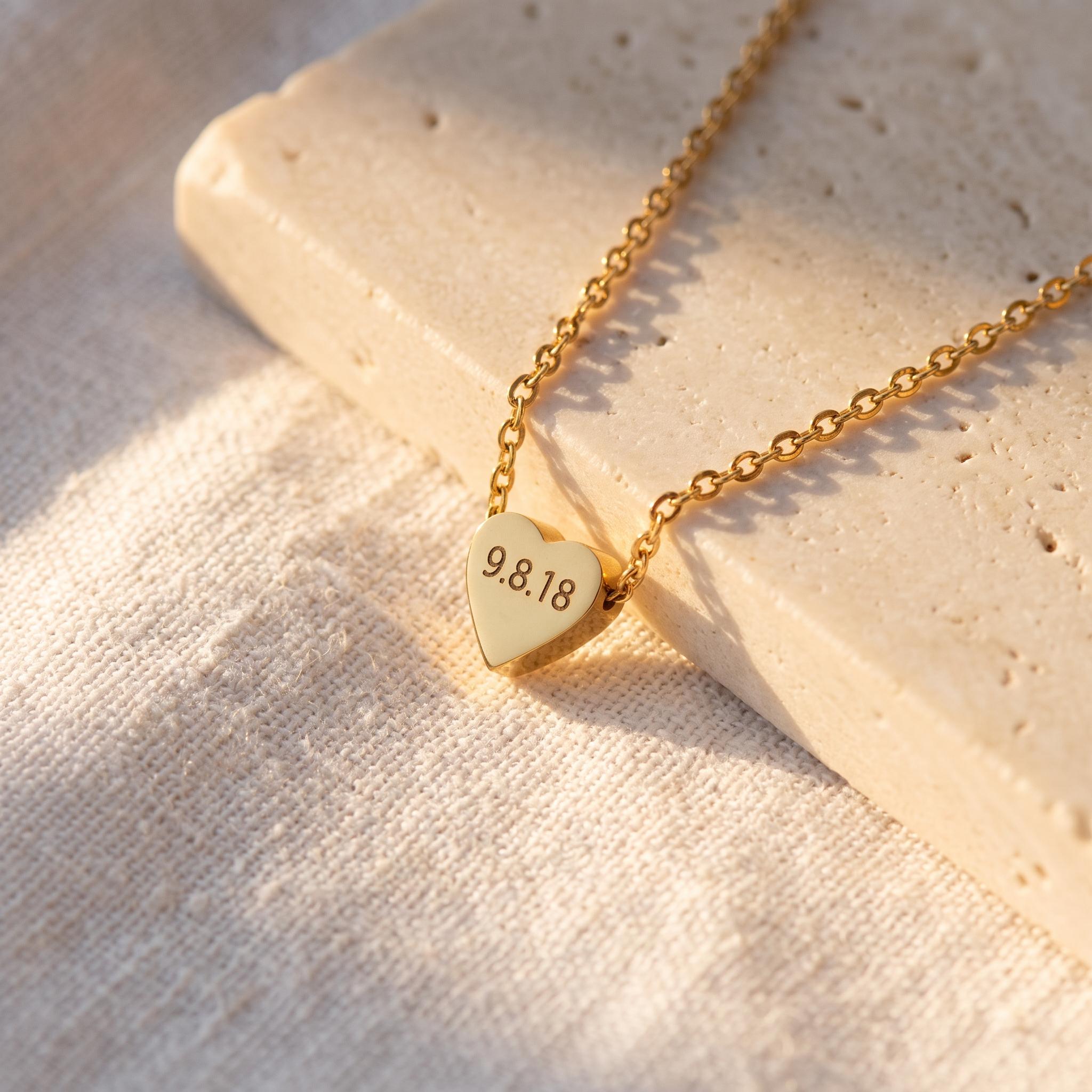 Dainty Personalized Engraved Heart Necklace, Custom Date Pendant, Memory Jewelry Gift with date - Torianic Jewelry