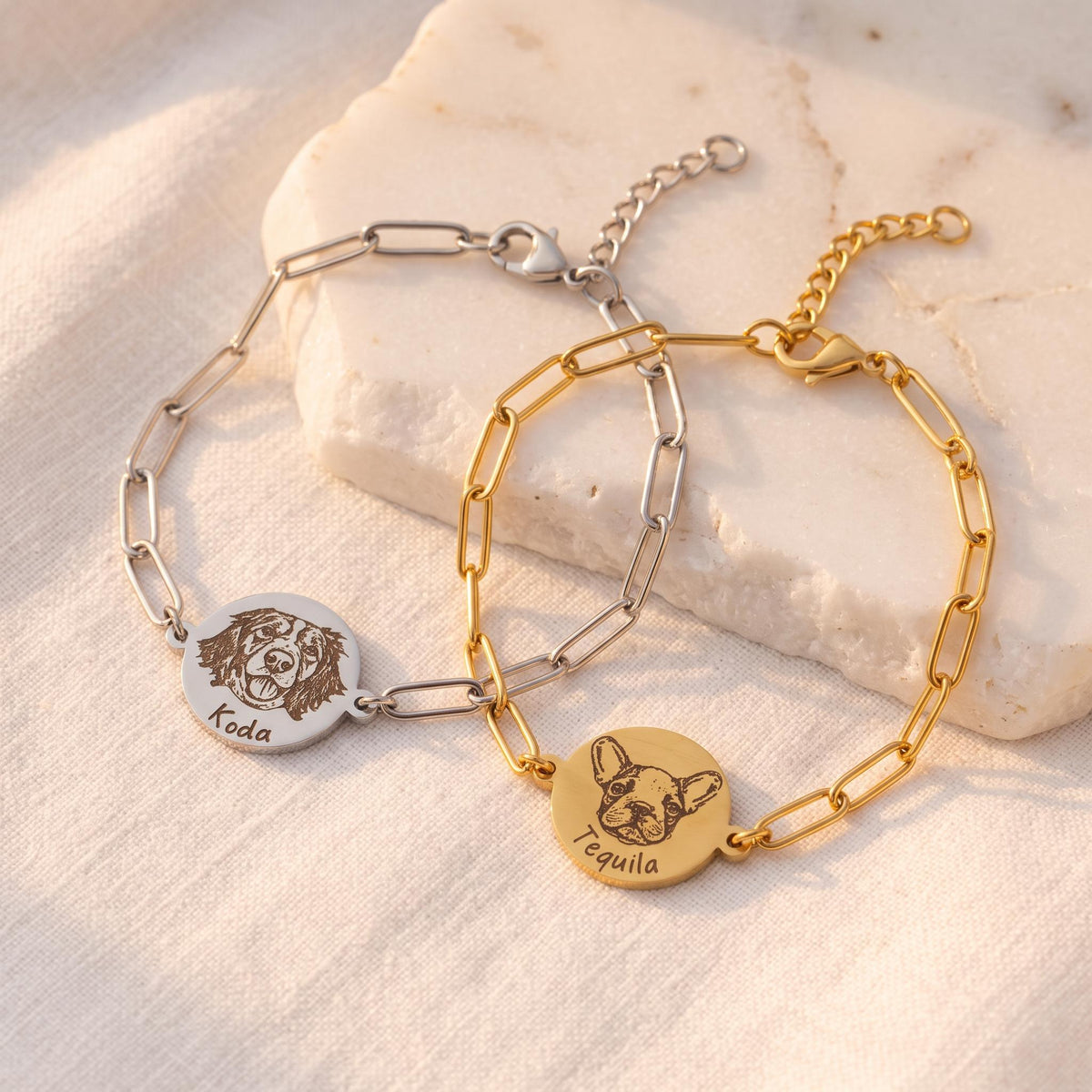 Custom Pet Portrait Bracelet: Engraved Dog Face Paperclip Chain - Torianic Jewelry