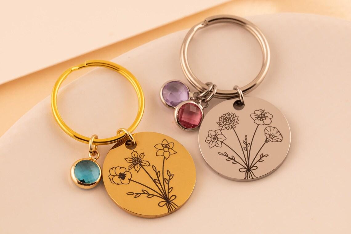 Personalized Birthstone Keychain, Engraved flower keyring, Custom Floral Charm Keychain, Gift for Her, Multiple Birthstone, Birthday Present - Torianic Jewelry