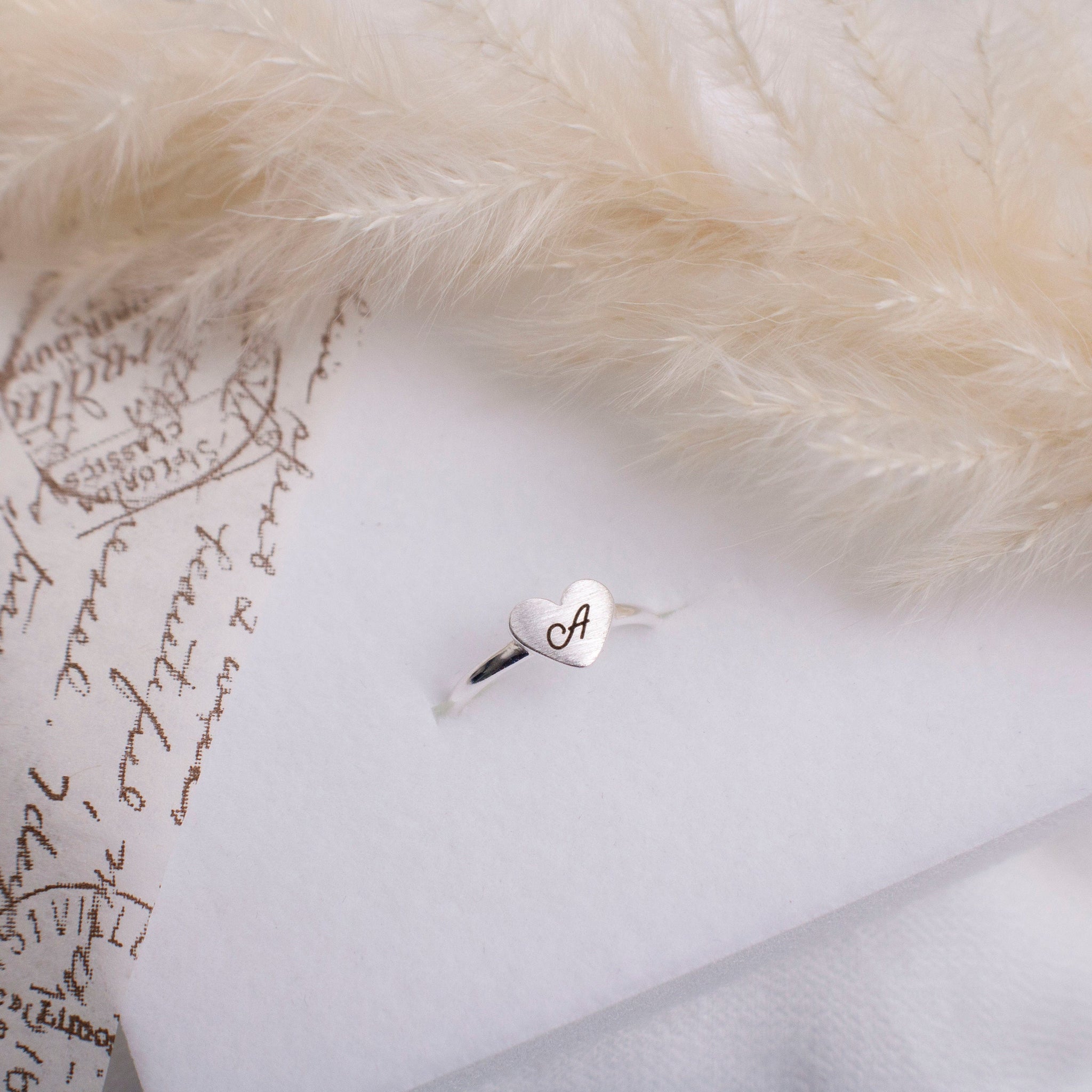 Custom Initial Heart Ring, Dainty Initial Ring, Tiny Stacking Ring, Adjustable Silver Ring, Engraved Heart Ring, Love Ring, Valentines Gifts - Torianic Jewelry