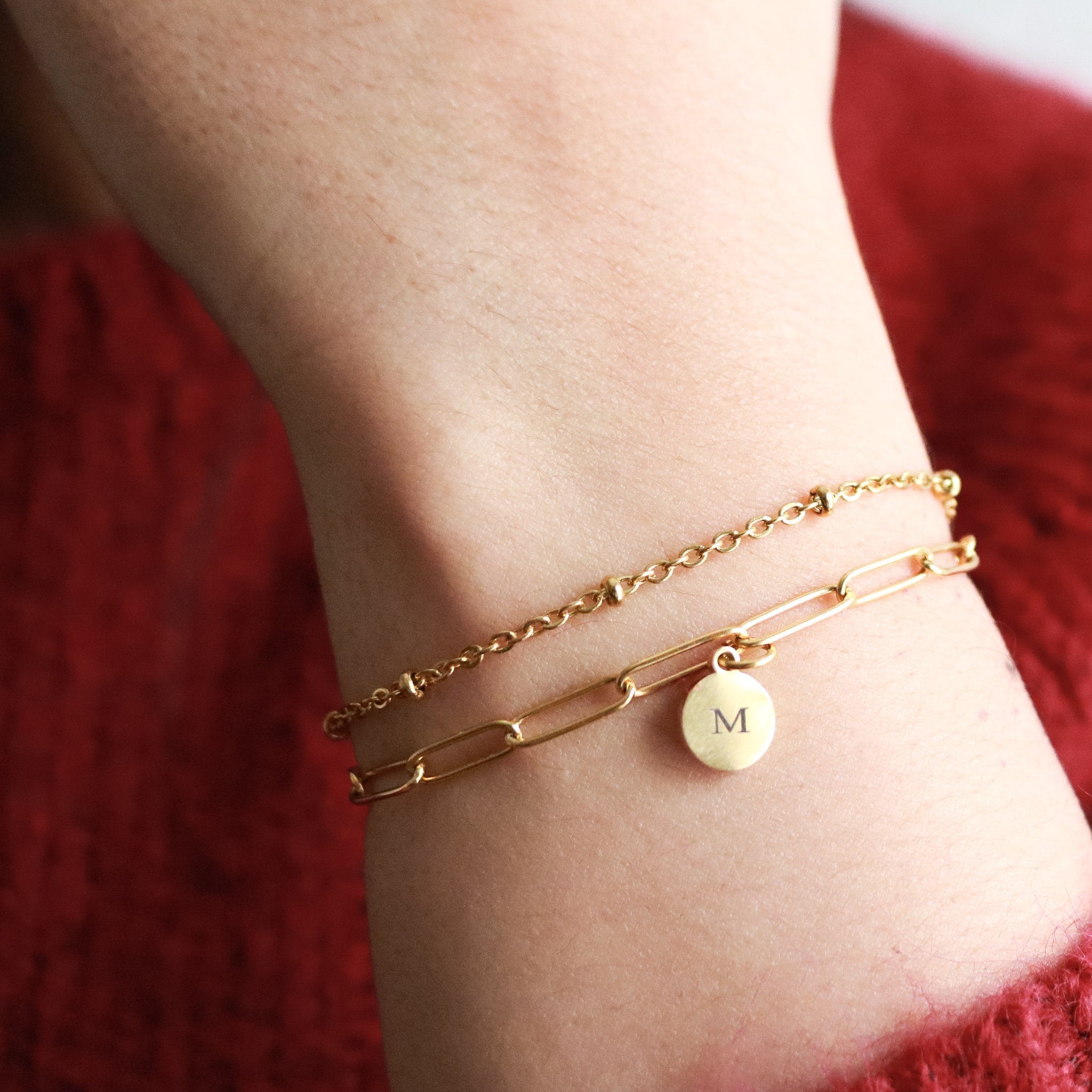 Layered Bracelet - bridesmaids letter - Paper clip Bracelet - Satellite Bracelet Set of 2 Initial Layer - hypoallergen