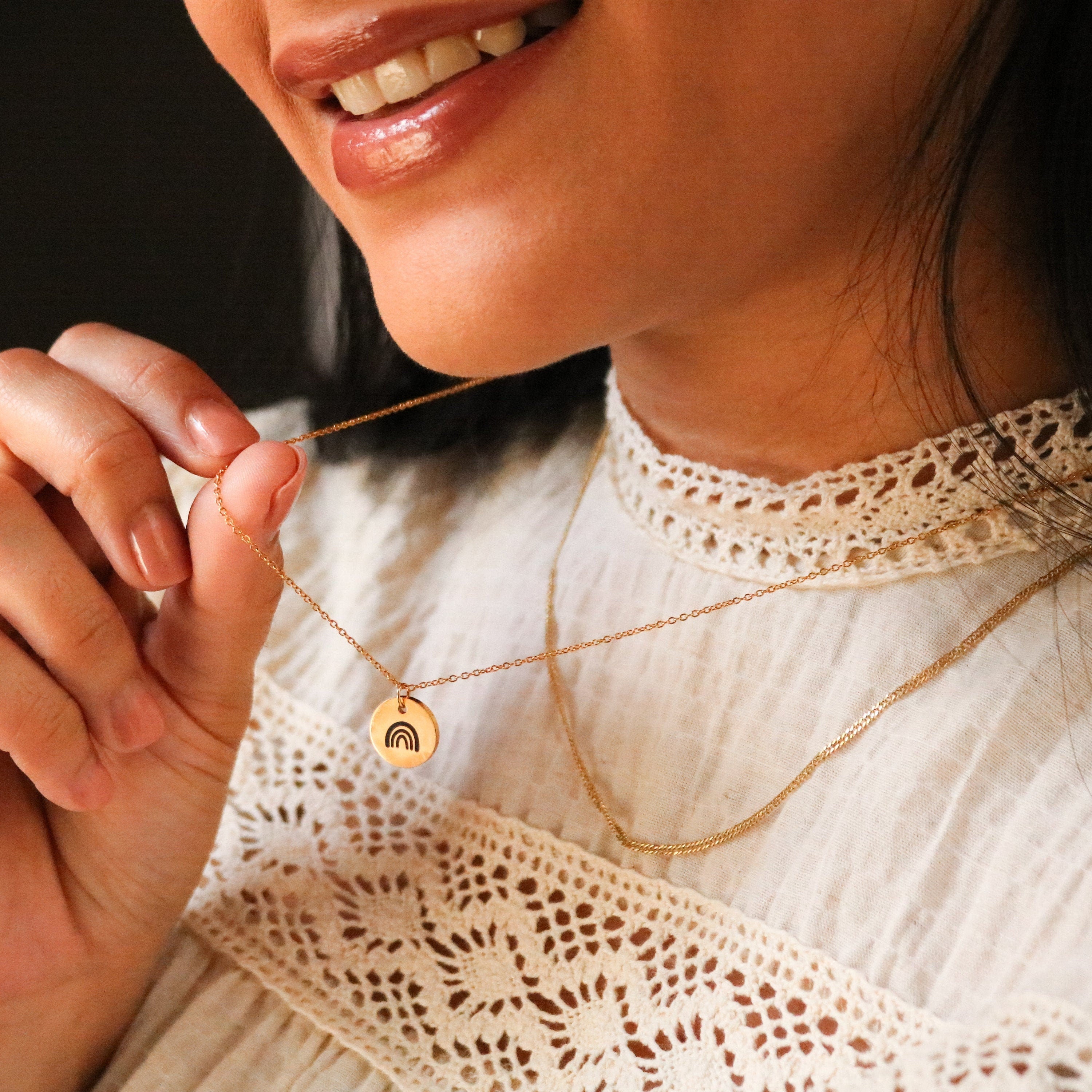 Dainty Rainbow Disc Necklace, Personalized Rainbow Baby Necklace, Kids Name Necklace, Rainbow Mama Necklace rainbow charm