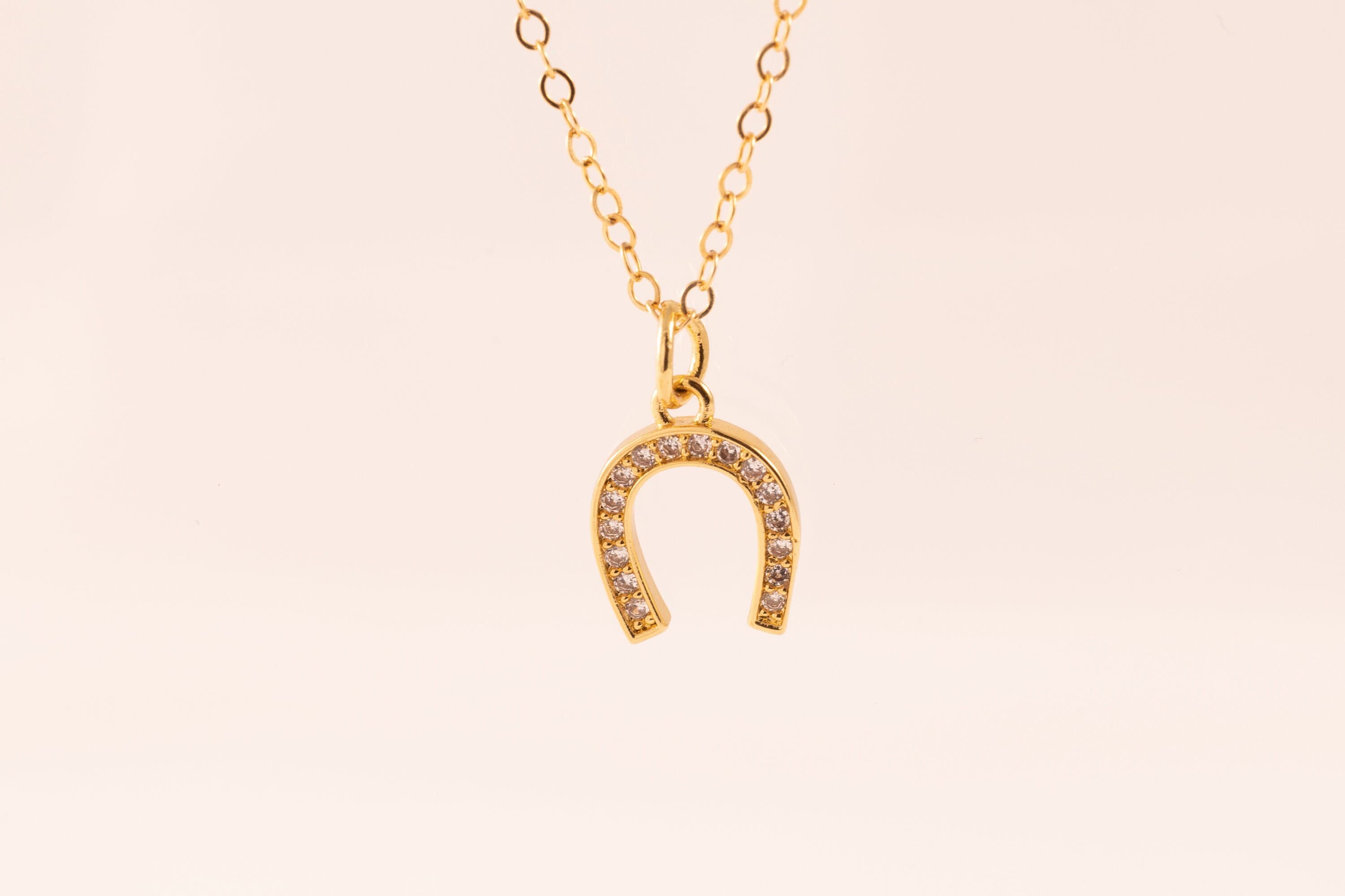 14K Horseshoe Necklace - CZ 9mm horseshoe - Good Luck Charm - Horse Gifts for Her - Best Friend Present - charm necklaces gold filled