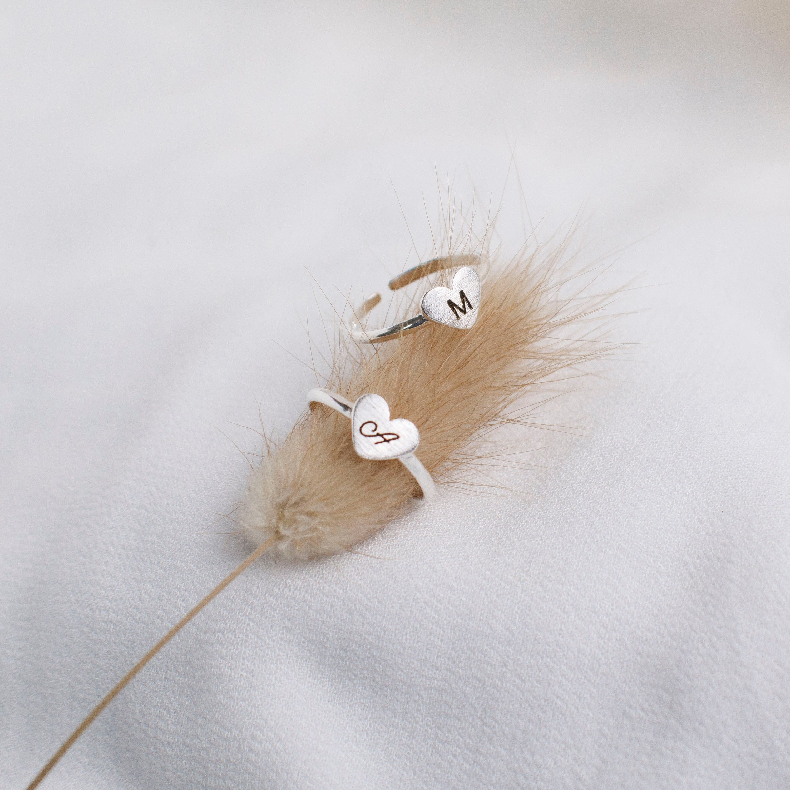 Sterling Silver Initial Ring - Dainty Initial tiny Stacking Ring - Adjustable Silver Ring - Engraved Heart Ring, Love Ring for her