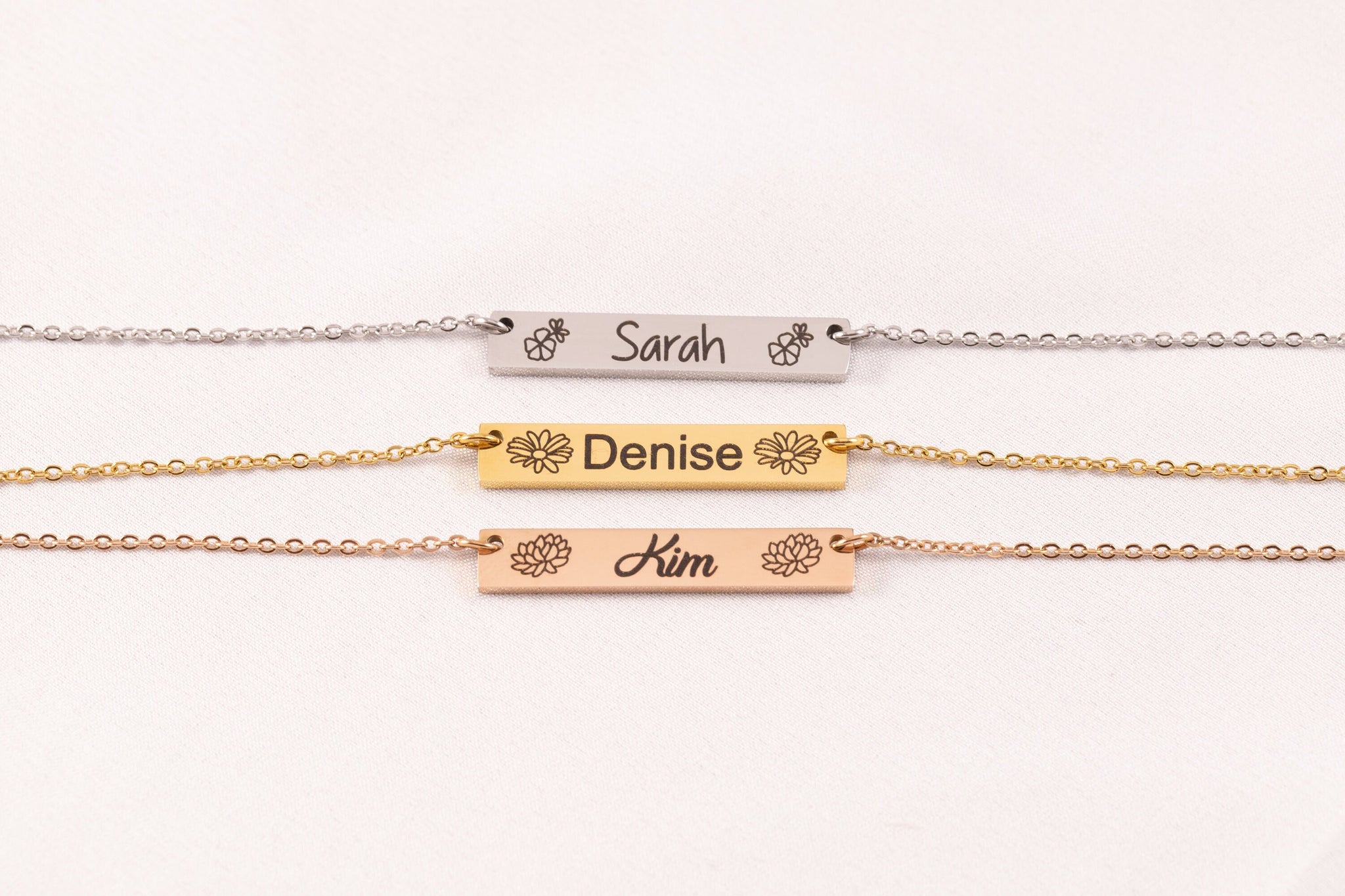 Birth Flower Name Necklace - handmade Text Necklace - Wildflower Necklace Engraved - Friendship Necklace - Friend Gift - name plate necklace