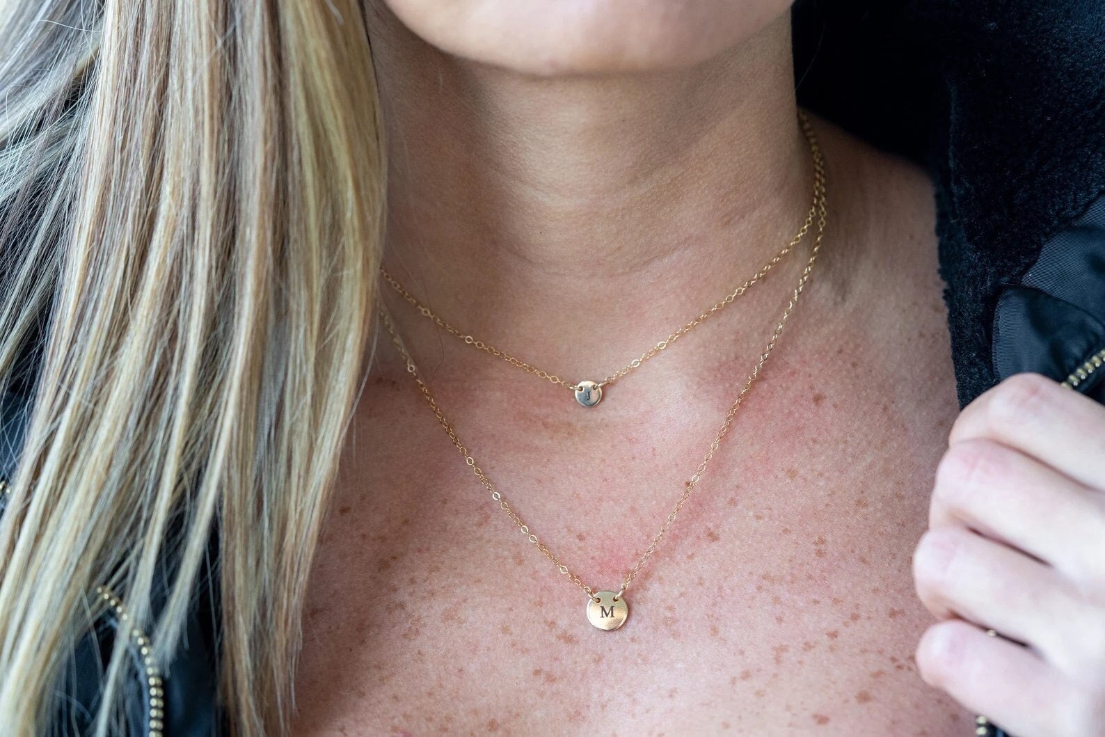 14k Initial necklaces - Dainty Layered gold necklace set of 2 - girlfriend gift - Wife Gift - layer necklace gold filled women choker Disc