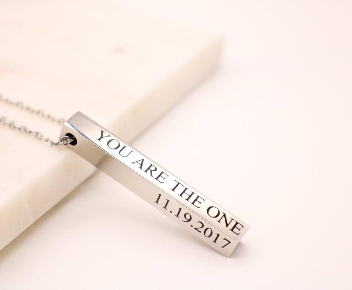 Silver Personalized Bar Necklace long vertical bar vertical bar pendant Mothers day present 4 sided bar necklace - Torianic Jewelry