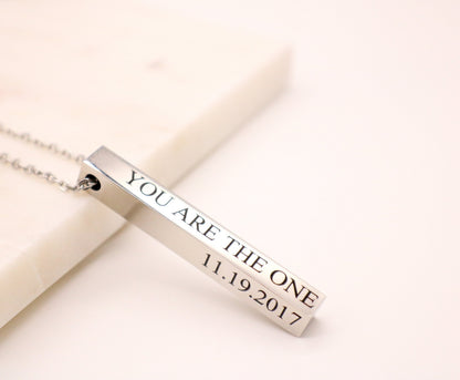 Silver Personalized Bar Necklace long vertical bar vertical bar pendant Mothers day present 4 sided bar necklace - Torianic Jewelry