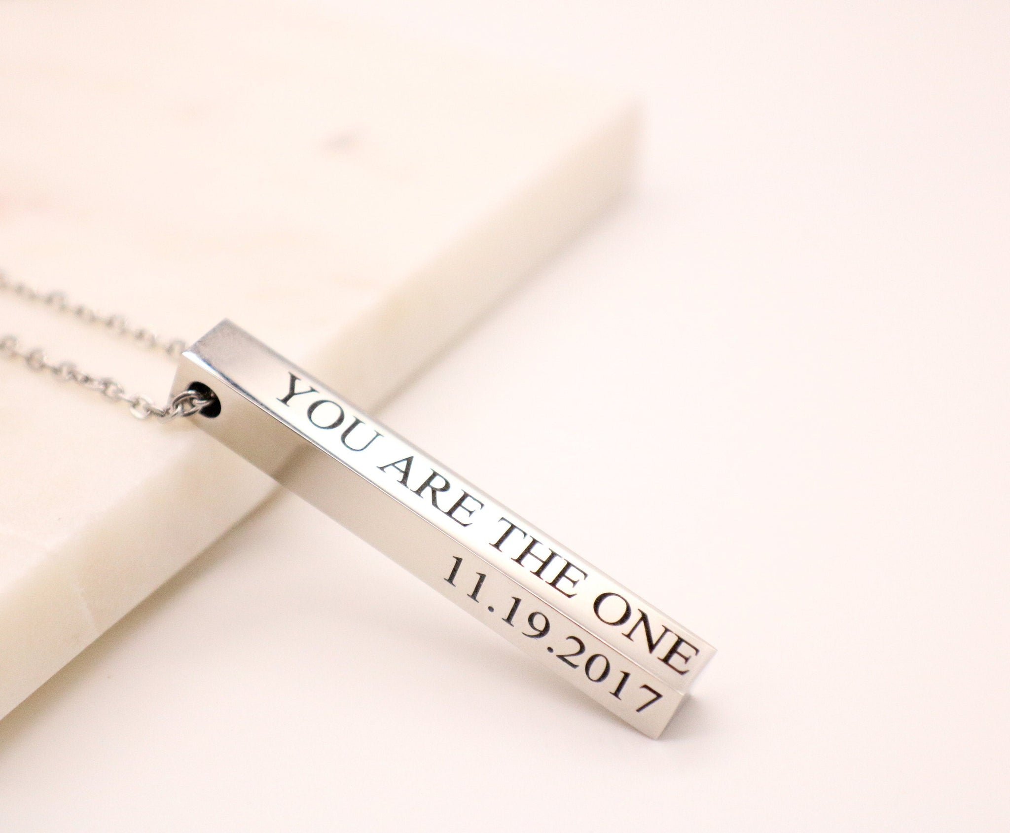 Silver Personalized Bar Necklace long vertical bar vertical bar pendant Mothers day present 4 sided bar necklace - Torianic Jewelry