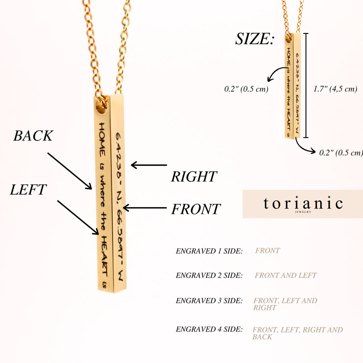 Silver Personalized Bar Necklace long vertical bar vertical bar pendant Mothers day present 4 sided bar necklace - Torianic Jewelry